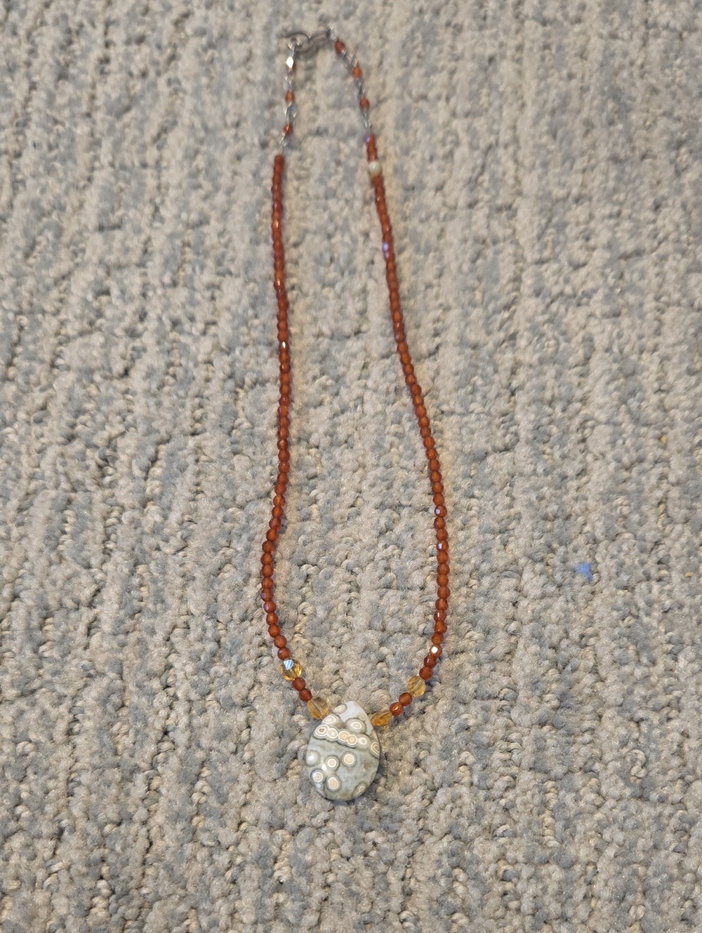 Vintage Dark Orange Beaded Necklace with Unique Agate Stone Pendant